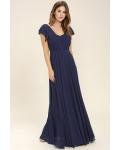 Flutter Sleeves A-line Navy Blue Long Chiffon Bridesmaid Dress