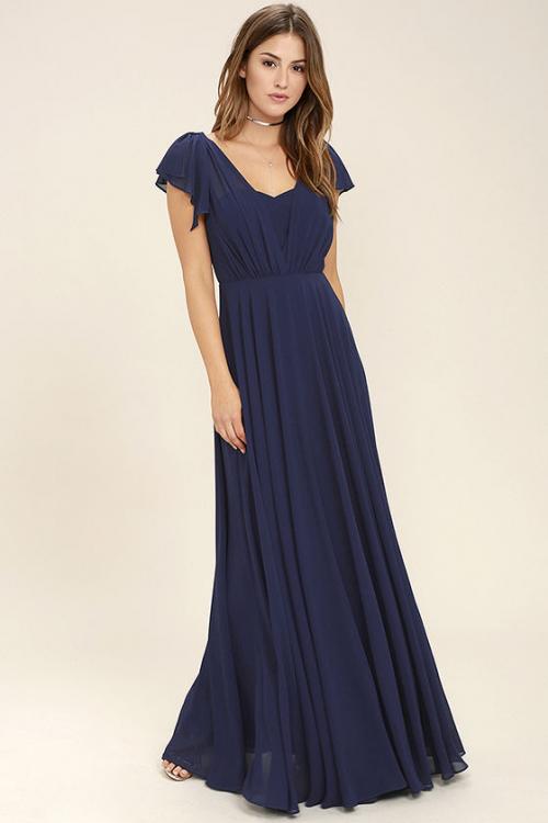 Flutter Sleeves A-line Navy Blue Long Chiffon Bridesmaid Dress