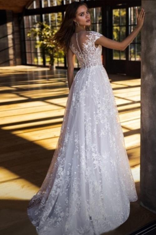 Elegant Illusion Jewel Neckline Short Sleeve Appliques Sweep Train Long Lace Wedding Dresses