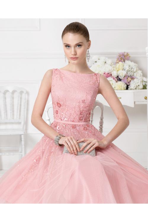 Sequin Pattern Embroidered A-line Knee Length Pink Tulle Couture Bridesmaid Dress 