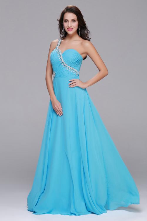 Sleeveless One Shoulder Beading Long Blue Chiffon Prom Dress 