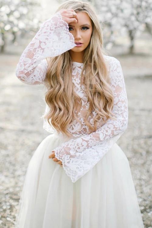  Two Piece A-line Long Sleeves Lace Knee length Short Wedding Dresses with Tulle Underskirt