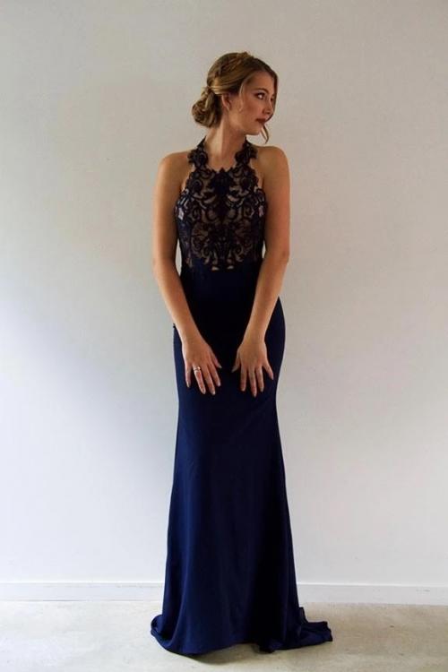  Navy Blue Sheath/Column Halter Neck Sleeveless Lace Sweep/Brush Train Long Chiffon Prom Dress