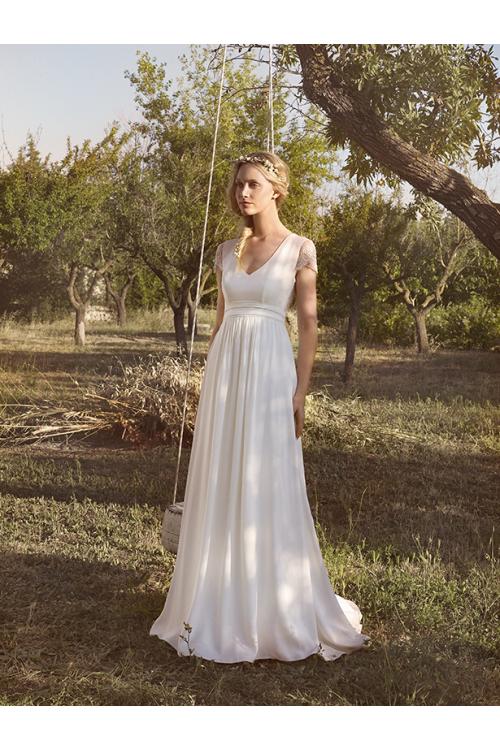 Beach Cap Sleeve Keyhole Back Long A-line Chiffon Wedding Dress 