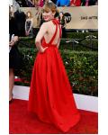 Red Sleeveless Halter Neck A-line Puffy Red Satin Prom Dress 