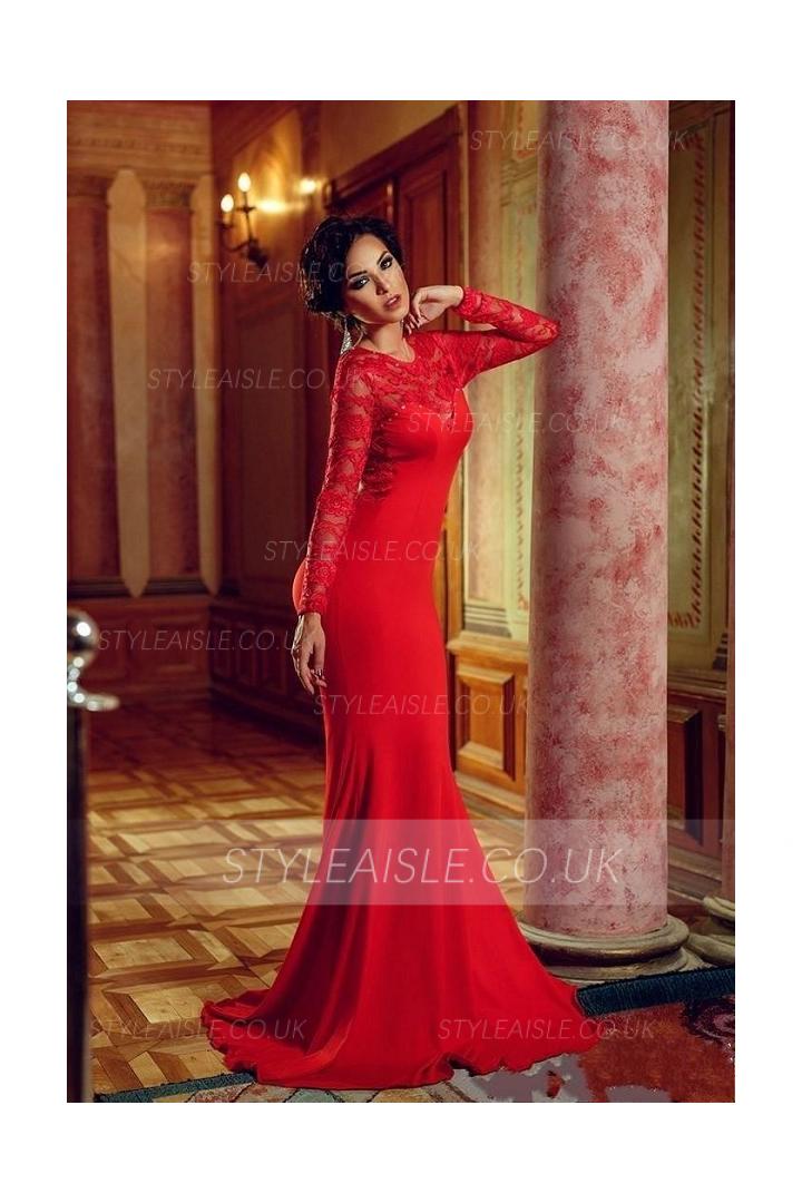 Sexy Red Backless Long Lace and Chiffon Prom Dress 