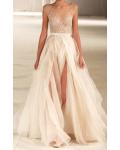 a-line sexy see-through floor-length organza cap sleeves beading evening dresses