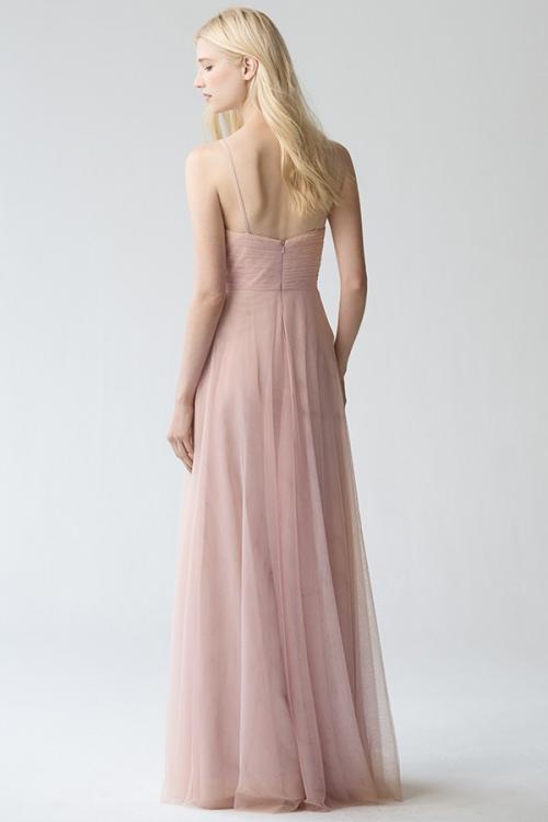 Sleeveless V Neck A-line Long Blush Tulle Bridesmaid Dress with Lace Appliques