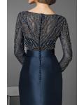  Sheath/Column V-neck Long Sleeves Beading Tulle Bodice Bow Split Knee-length Short Satin Cocktail Dresses with Buttons Back