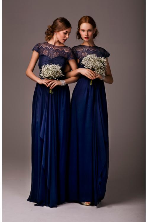 Modest Bateau Neck Lace Bodice Sheath Long Chiffon Bridesmaid Dress 