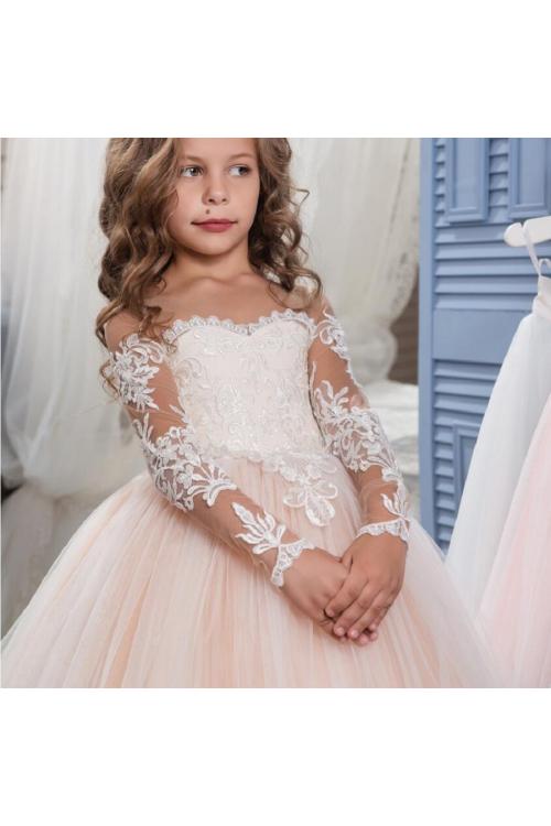 Lovely Blush Boho Inspired Lace Overlay Long Sleeved Off Shoulder Ball Gown Flower Girl Pageant Dress