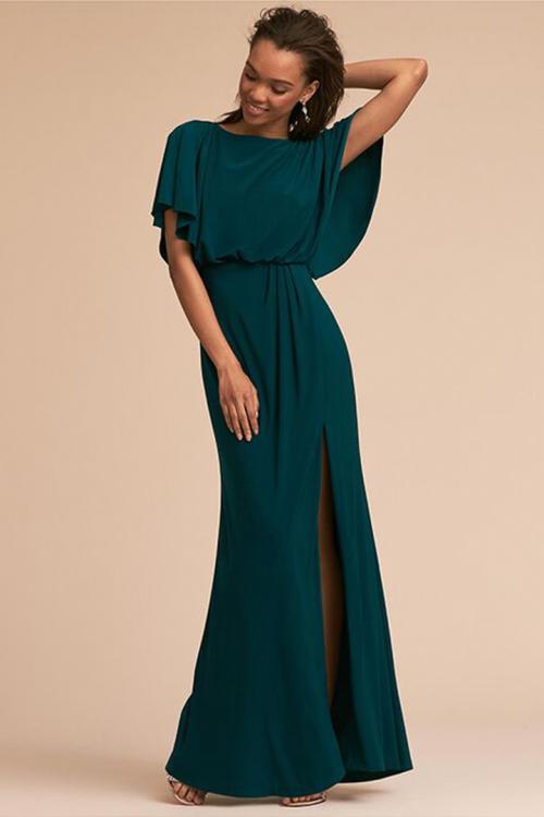  A-line Bateau Neck Short Sleeves Split Floor-length Long Evening Dresses