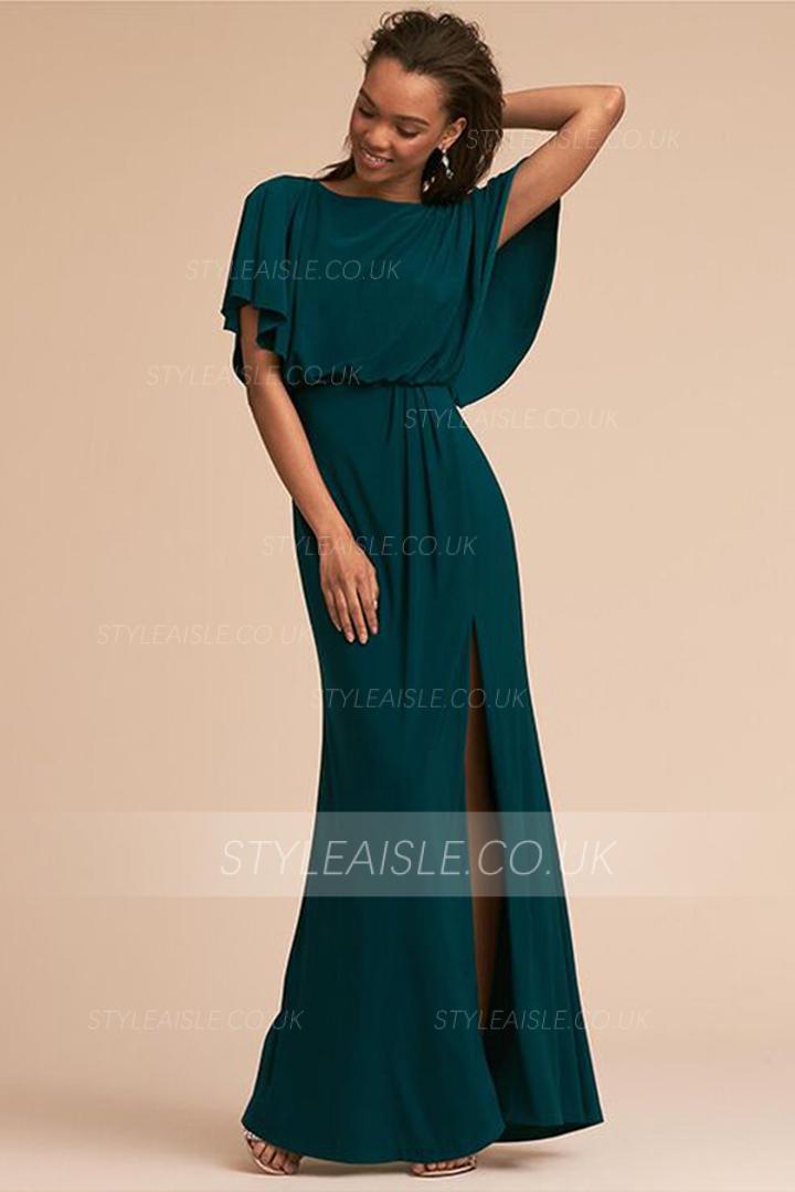  A-line Bateau Neck Short Sleeves Split Floor-length Long Evening Dresses