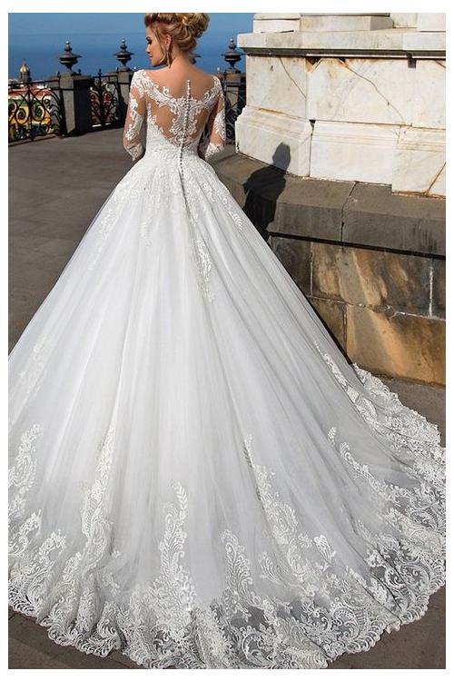 Illusion Neck Off Shoulder Long Lace Embroidery White Tulle Wedding Dress