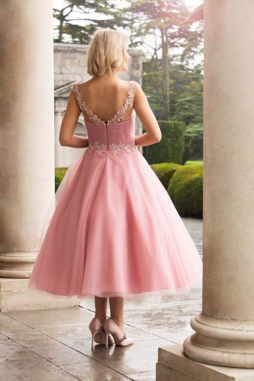 Tea Length A-line Pink Tulle Bridesmaid Dress with Lace 