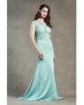 Sleeveless Illusion Neck Lace Appliques Sheath Long Satin Chiffon Prom Dress 
