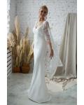 Queen Anne Neck Lace Shoulders Split Sweep Train Long Satin Reception Wedding Dresses