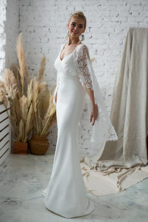 Queen Anne Neck Lace Shoulders Split Sweep Train Long Satin Reception Wedding Dresses