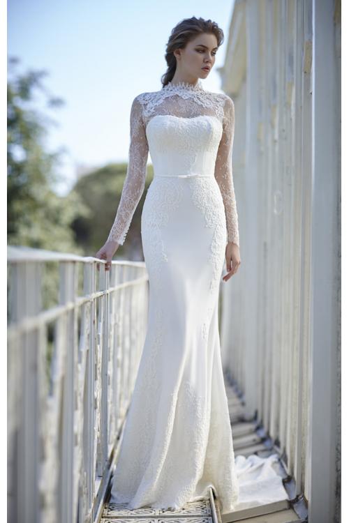 Ivory High Neck Long Sleeves Sheath Lace Wedding Dress with Ribbon 