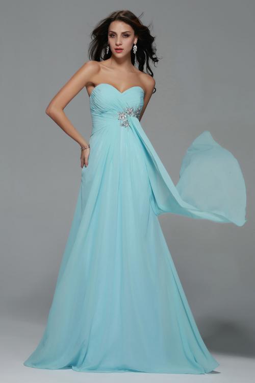 Empire Strapless A-line Long Light Sky Blue Chiffon Prom Dress with Beading 