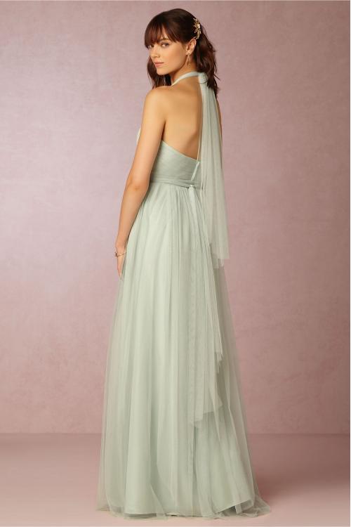 Hot Sale Halter V Neck A-line Long Sage Tulle Bridesmaid Dress 