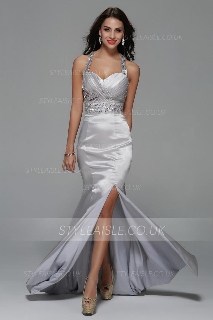 Halter Neck Split Long Stretch Satin Evening Dress 