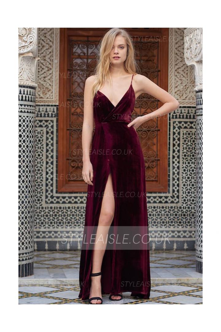 Long Burgundy Spaghetti Straps A-line Prom Dress with Split