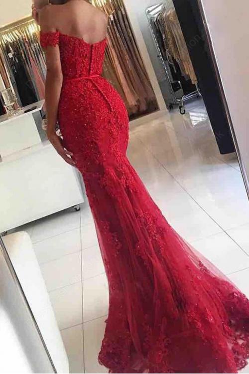 Off the Shoulder Long Sequin Beading Lace Red Evening Dress 