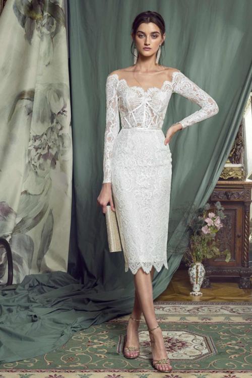  Sheath/Column Bateau Neckline Long Sleeves Lace Knee-length Short Evening Dresses