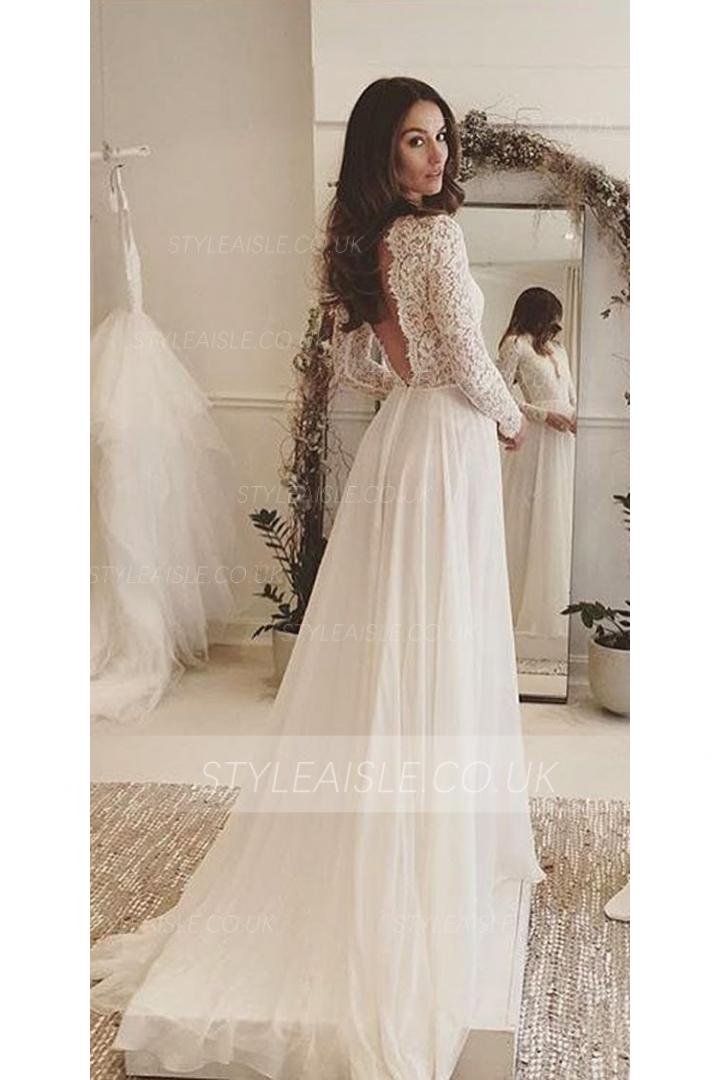 Vintage Inspired V Neck Long Sleeve Chiffon Chic Wedding Dress 