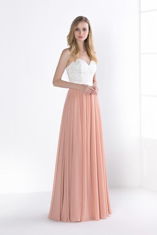 Long Strapless Sweetheart Lace Coral Chiffon Bridesmaid Dress