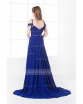 Off the Shoulder Beading A-line Royal Blue Chiffon Prom Dress with Belt