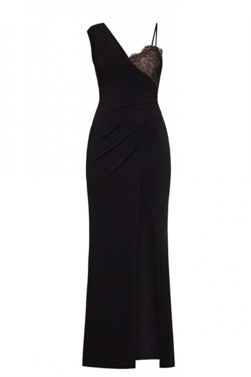 Black Asymmetrical Shoulder Straps Sleeveless Split Floor-length Long Chiffon Prom Dresses with Lace Chest