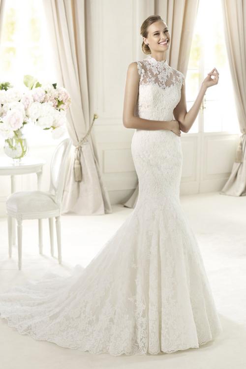 Sexy Trumpet/Mermaid High Neck Lace Sweep/Brush Train Tulle Wedding Dresses