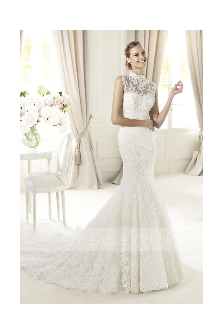 Sexy Trumpet/Mermaid High Neck Lace Sweep/Brush Train Tulle Wedding Dresses