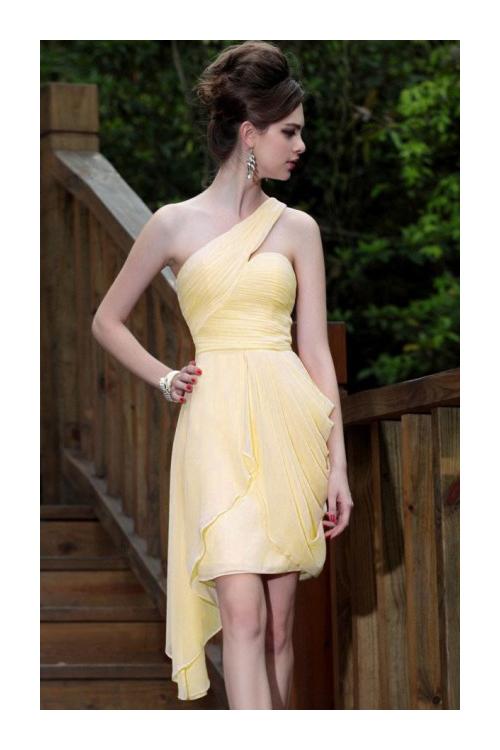 Hot Sale One Shoulder Pleated Chiffon Knee Length Chiffon Prom Dress 