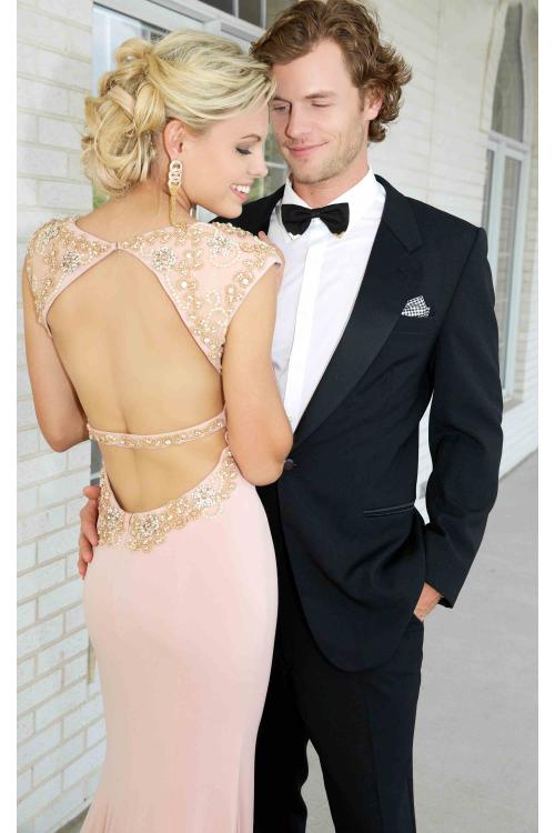 Fashion Bateau Neck Cap Sleeved Sheath Long Jersey Prom Dress with Crystal Embellishments 