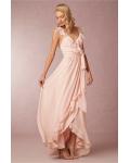 Ruffled V Neck Blush LOng Chiffon Cascaeded Ruffled Front Bridesmaid Dress 