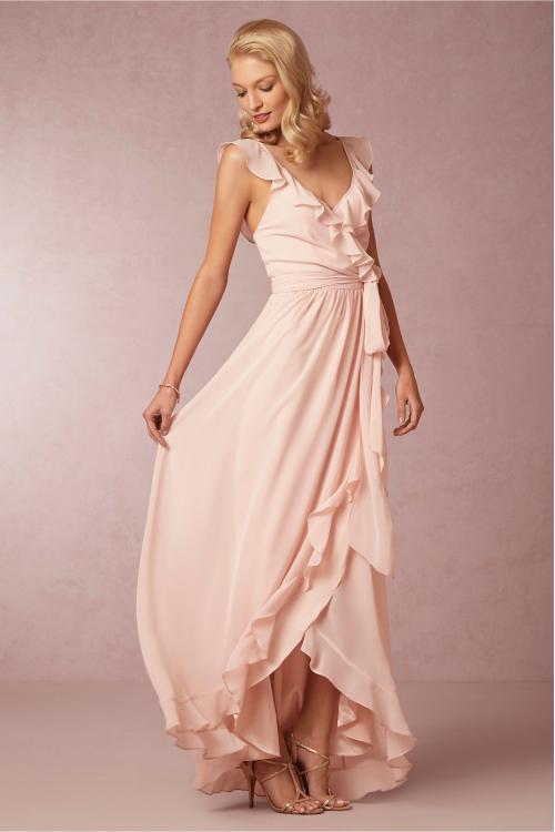 Ruffled V Neck Blush LOng Chiffon Cascaeded Ruffled Front Bridesmaid Dress 