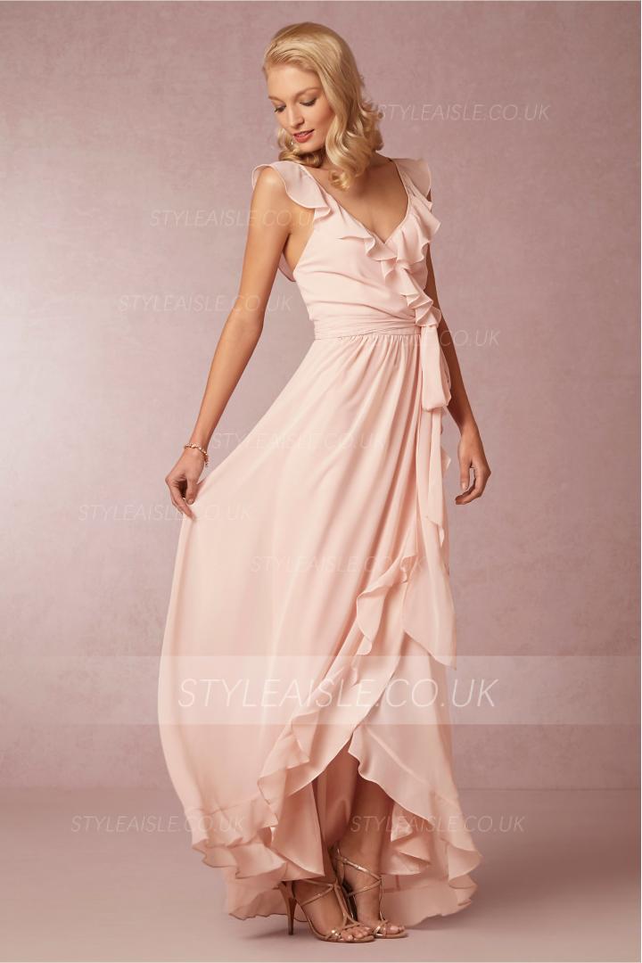 Ruffled V Neck Blush LOng Chiffon Cascaeded Ruffled Front Bridesmaid Dress 