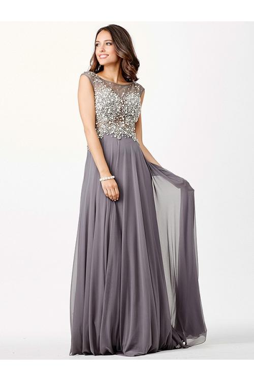 Illusion Bateau Neck Sparkling Beaded Bodice A-line Chiffon Prom Dress 