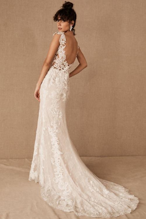 Ivory Mermaid V-neck Cap Sleeves Lace Appliques Sweep/Brush Train Long Wedding Dresses