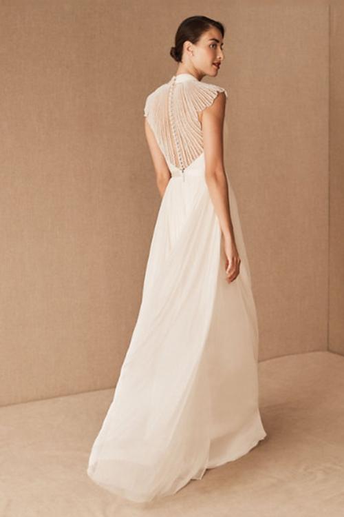 Elegant A-line V-neck Cap Sleeves Ruching Floor-length Long Wedding Dresses with Pearl Detailing Back