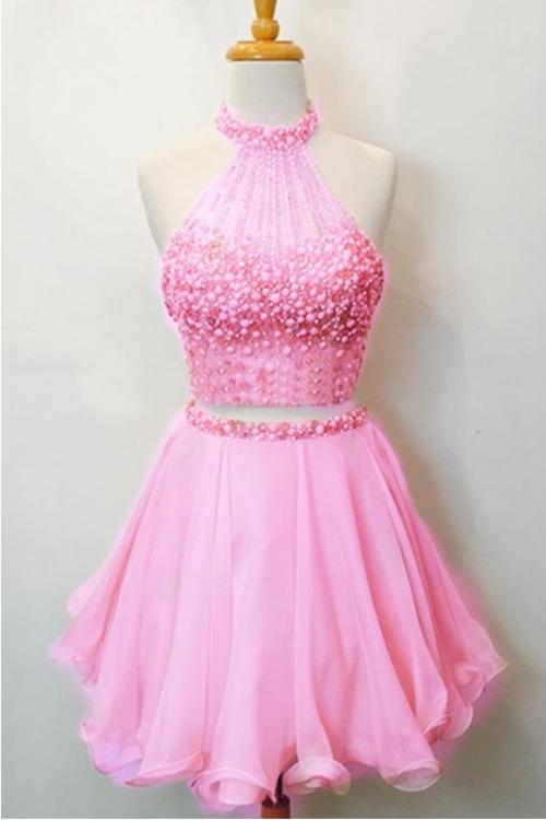 Chic Halter Beading Neck Short Chiffon Prom Dress