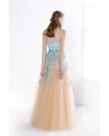 Ball Gown Sweetheart Lace Appliques Long Champagne Tulle Prom Dress with Ribbon