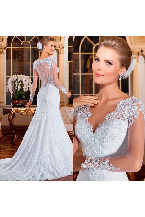 Long Sleeve V Neck Long Fit Flared Lace Wedding Dress with Beading 