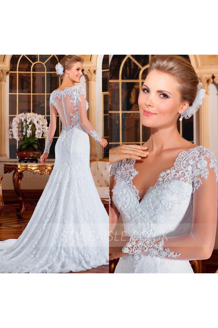 Long Sleeve V Neck Long Fit Flared Lace Wedding Dress with Beading 