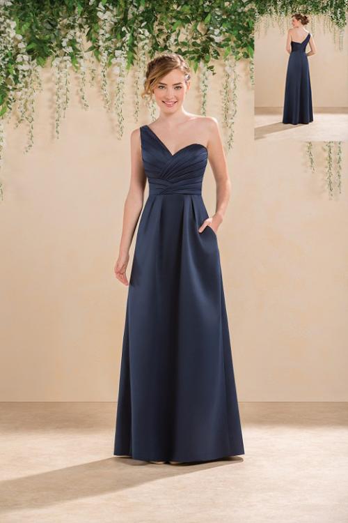 One Shoulder Dark Navy Satin Bridesmaid Dress 