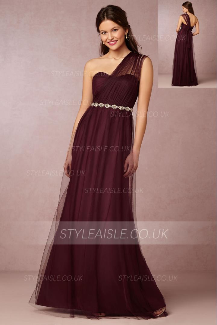 One Shoulder Burgundy Tulle Bridesmaid Dress with Crystal Ribbon 