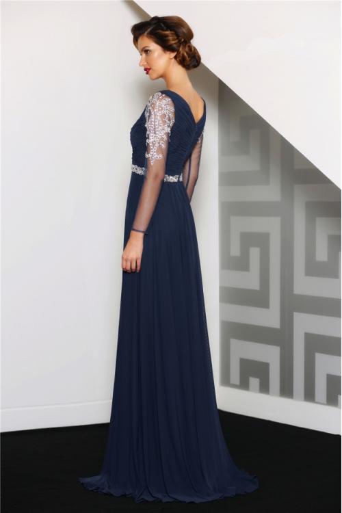 Long Sleeve Beading Lace A-line Chiffon Evening Dress with Ribbon 